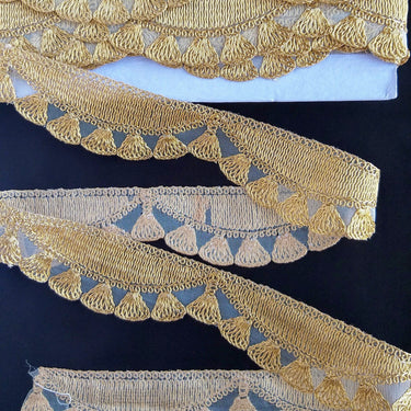 Gold Shimmer Thread Embroidered Scallop Trim, Sheer Fabric Lace, Fringe Trim